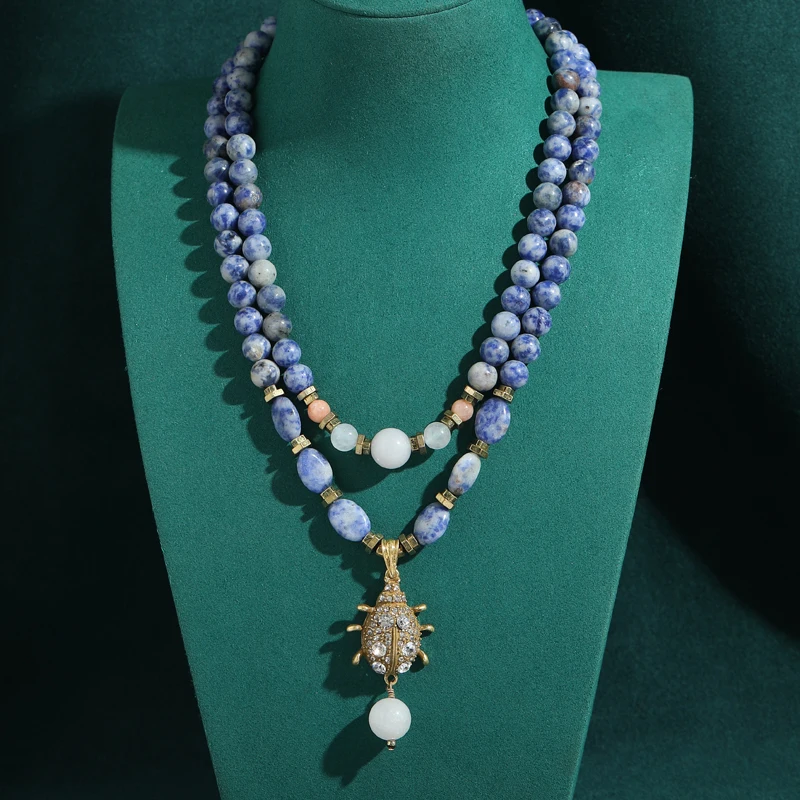 

Pendant Vintage Natural Stone Beads Blue Necklaces Layered Hanging Gold Color Lady Charm Designer Women Art Festival Jewelry