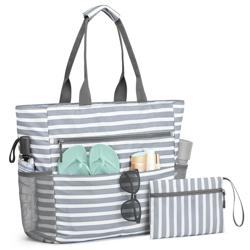 

Beach Bag Large Capacity Foldable Portable Striped Zipper Hand Carry Storage Bag Set