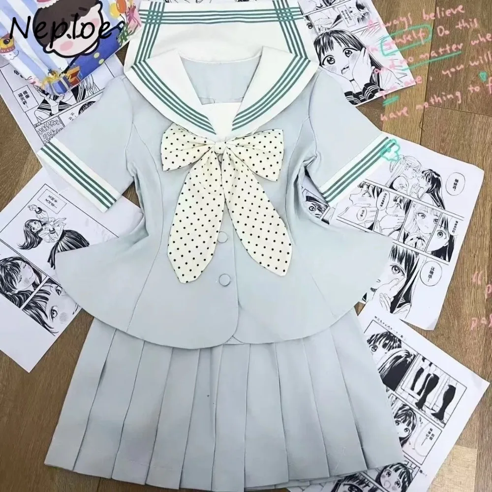 

Neploe New Sailor Collar Japan Set Uniform Sweet Student Preppy Style Short Shirt High Waist Pleated Suits Literary Mujer Faldas