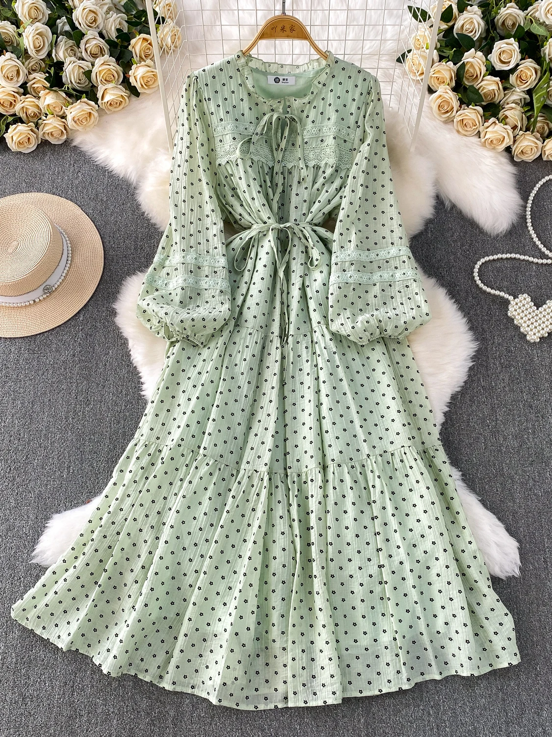 폴카 도트 레이스 긴팔 라운드넥 드레스 여성 가을 벨티드 슬리밍 플리츠 풀 A라인 스커트 출근룩 하이웨이스트