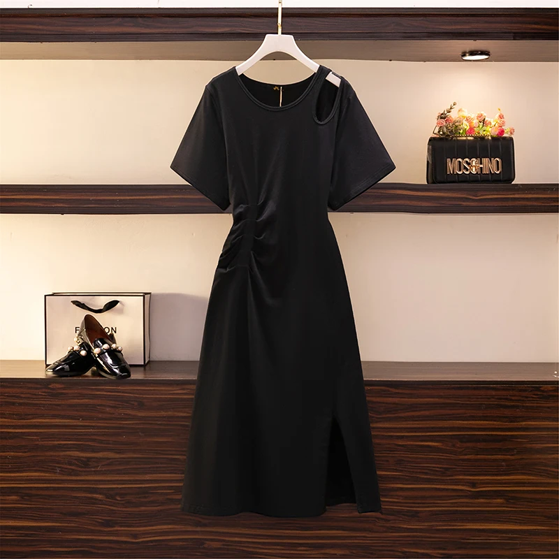 Plus-size women's summer casual cotton dress shoulder hollowed-out slit hem design elegant sexy solid color long dress