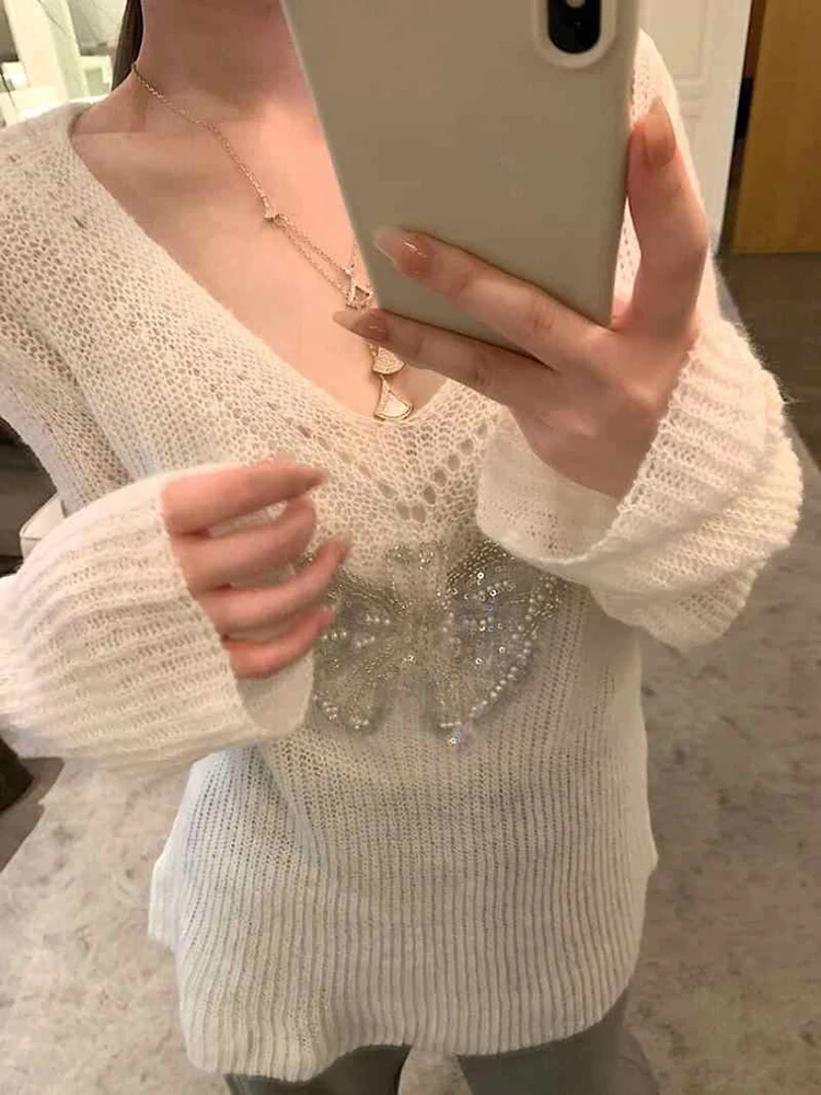 

Lazy Style Beige Hollow Knitted Sweater Korean V-neck Butterfly Bead Sweaters Women's Spring Autumn Long Sleeved Pullover