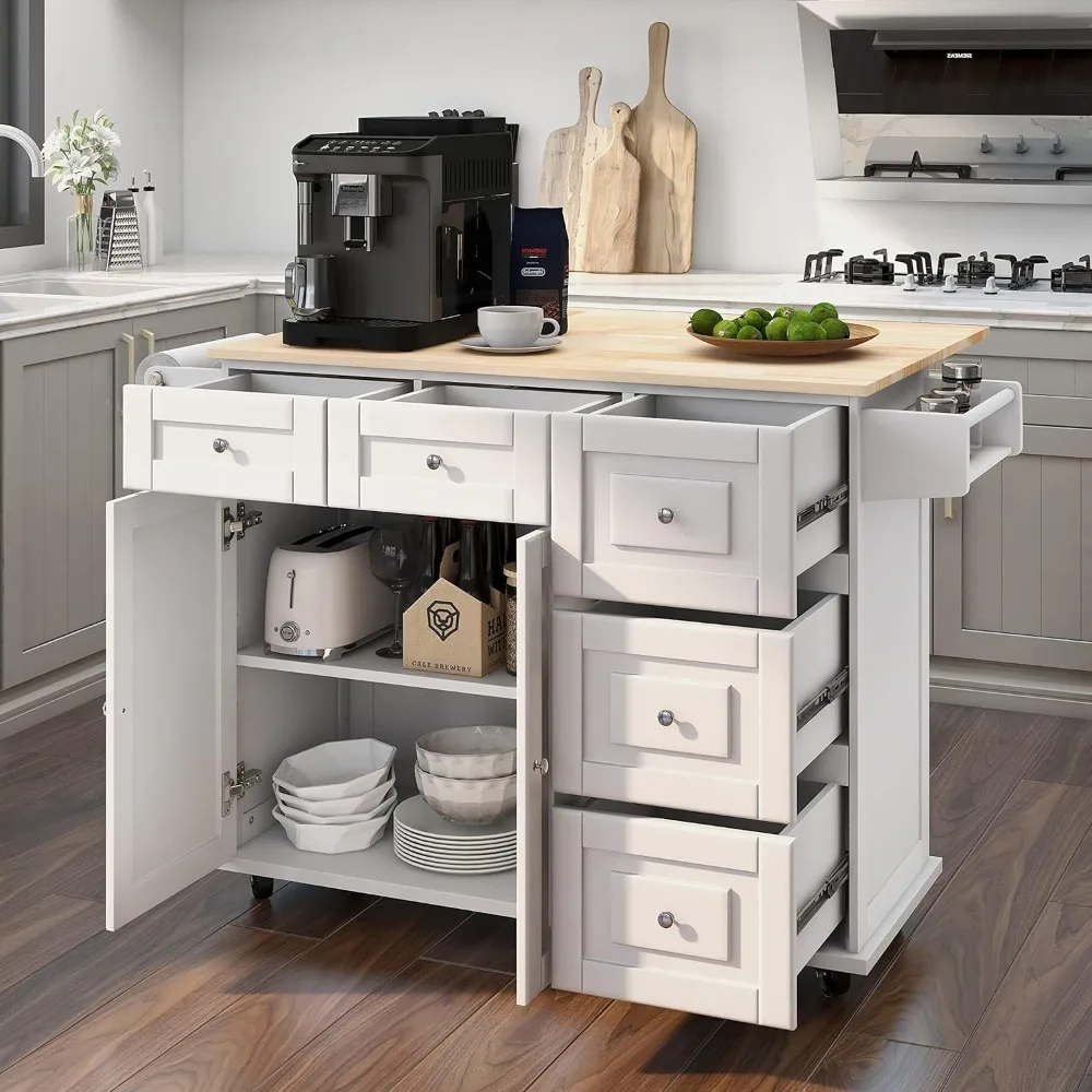 

"52-Inch Rolling Kitchen Island with Drop Leaf, Wooden Top, Spice Rack, and Adjustable Features"