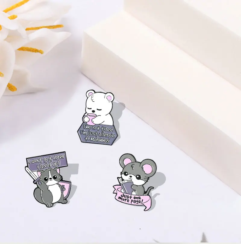 Animals Quotes Enamel Pins Custom Cat Rat Penguin Raccoon Bear Brooches Shirt Lapel Badge Bag Funny Cute Jewelry Gift for Kids