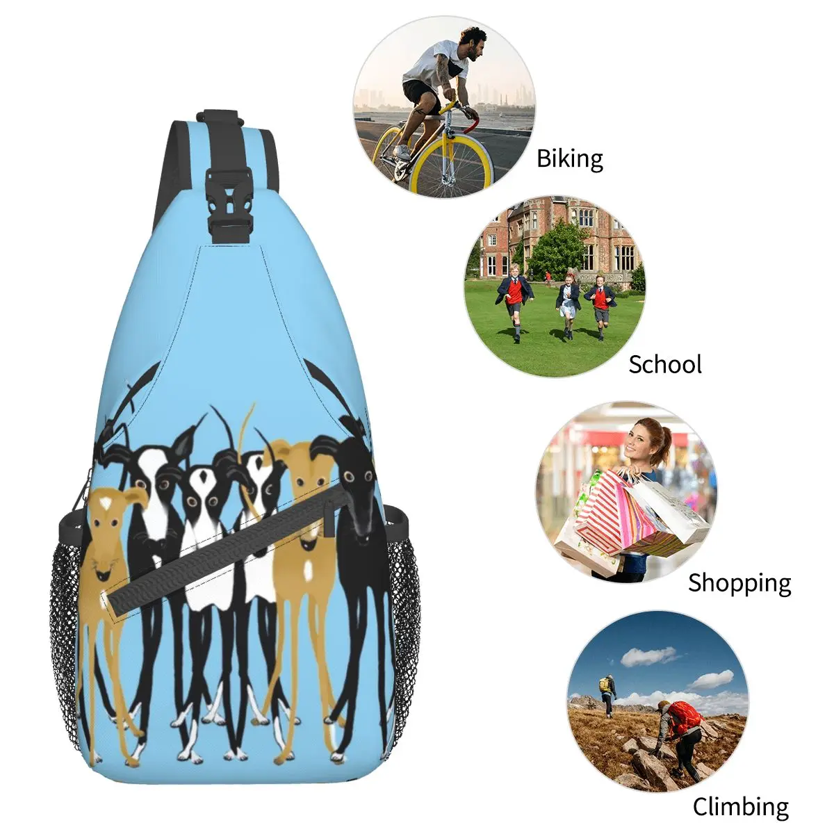 Windhund Whippet kleine Schulter taschen Brust Cross body Schulter Rucksack Wandern Reise Tages rucksäcke Lurcher Hund Galgo Cartoon gedruckt