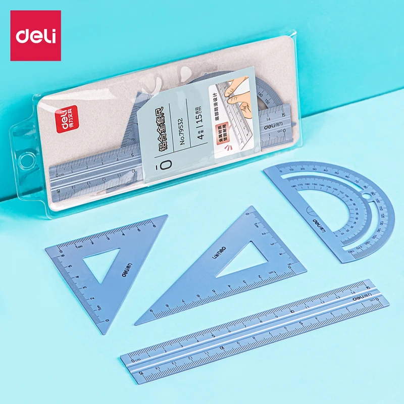 

Deli Aluminum Drafting Ruler 4pcs/Set School Straight Ruler Triangular Protractor Office Learning Drawing Stationery Supplies