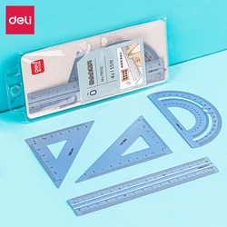 Deli Aluminum Drafting Ruler 4pcs/Set School Straight Ruler Triangular Protractor Office Learning Drawing Stationery Supplies