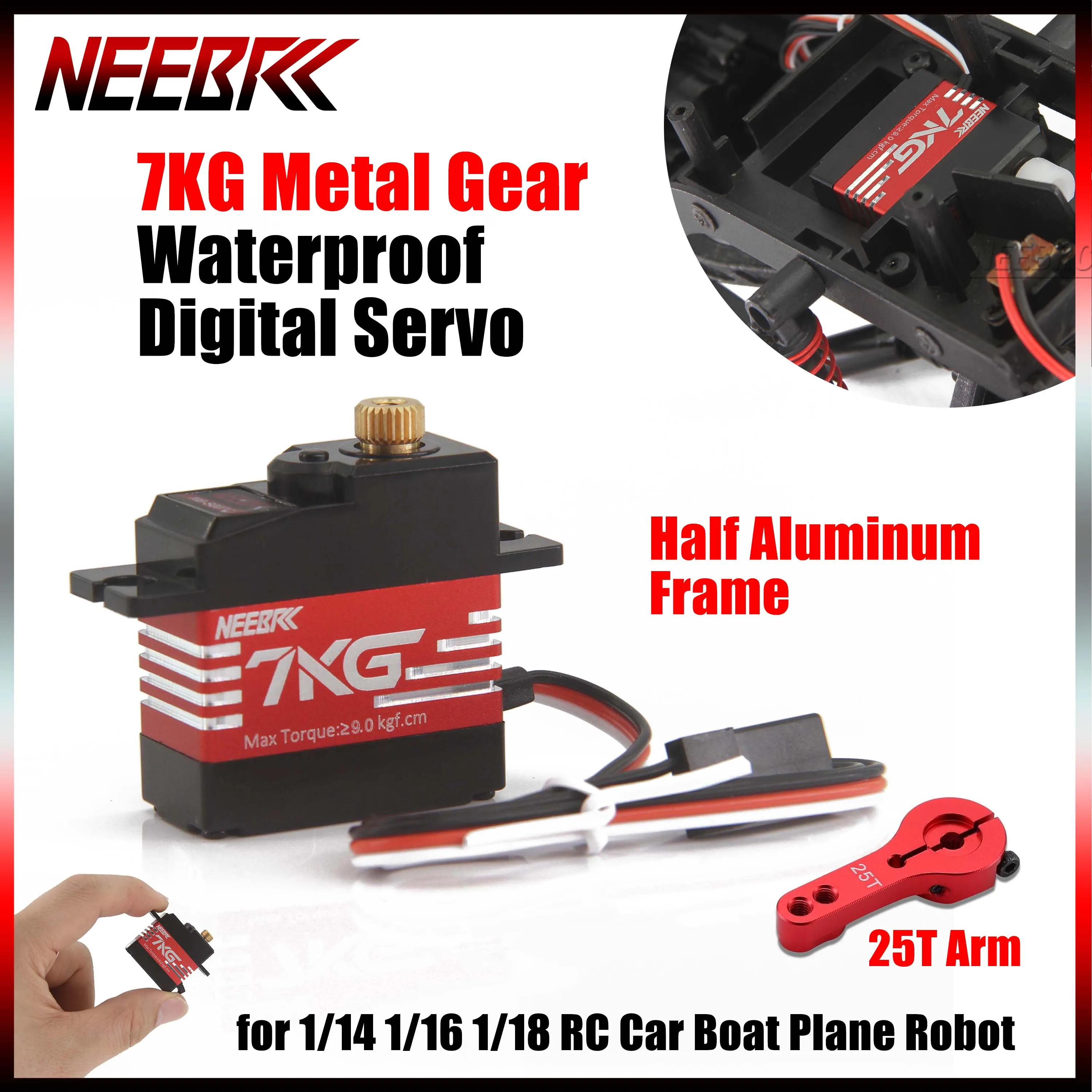 

Цифровой сервопривод NEEBRC 7 кг с полуметаллическим корпусом и металлическим редуктором 25T, металлическое плечо для радиоуправляемых моделей 1/14, 1/16, 1/18: автомобилей, лодок, самолетов, роботов Wltoys MN78 MN82