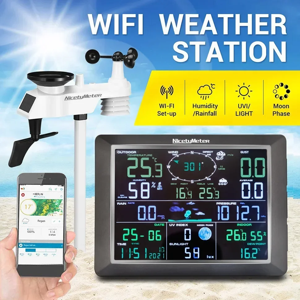 Test Meter 0310 Professional WiFi Weather Station Internet Wireless With Outdoor Sensor Rain Gauge Smart Life Weather Forecast W
