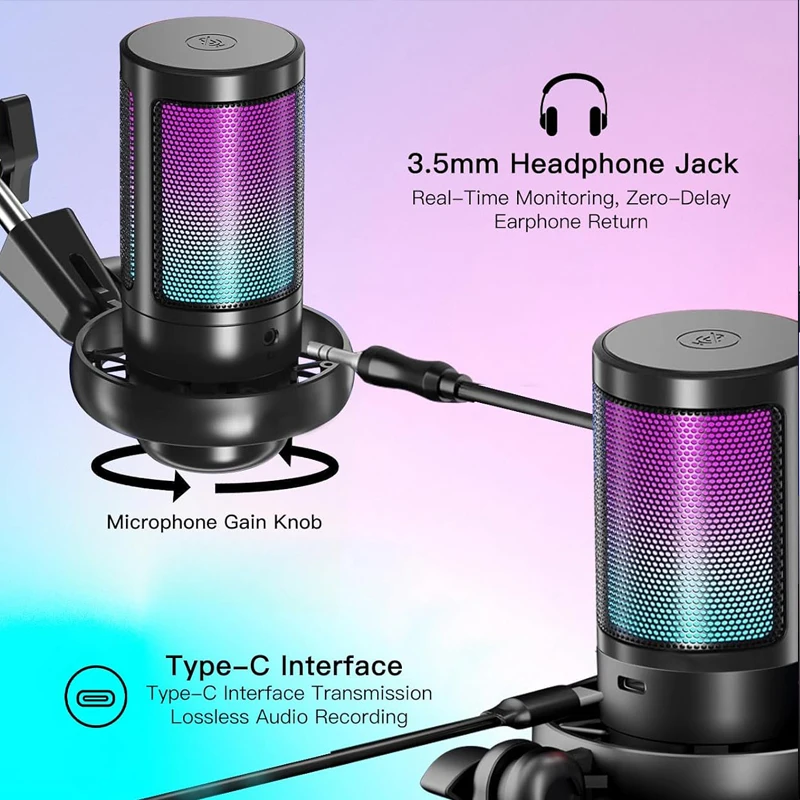 USB ميكروفون إلغاء الضوضاء مكثف هيئة التصنيع العسكري RGB تعليق قوس لبث بودكاست تويتش يوتيوب ديسكورد الكمبيوتر PS4 PS5