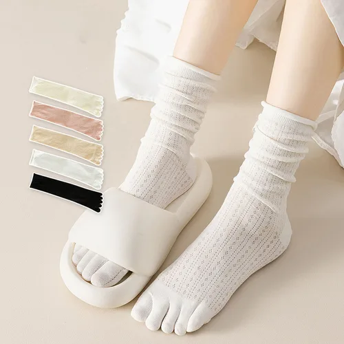 Imagen 2 del producto Calcetines de tubo medio de malla hueca fina para primavera y verano, calcetines de cinco dedos para mujer, calcetines deportivos transpirables de Color caramelo con punta abierta, 5 dedos