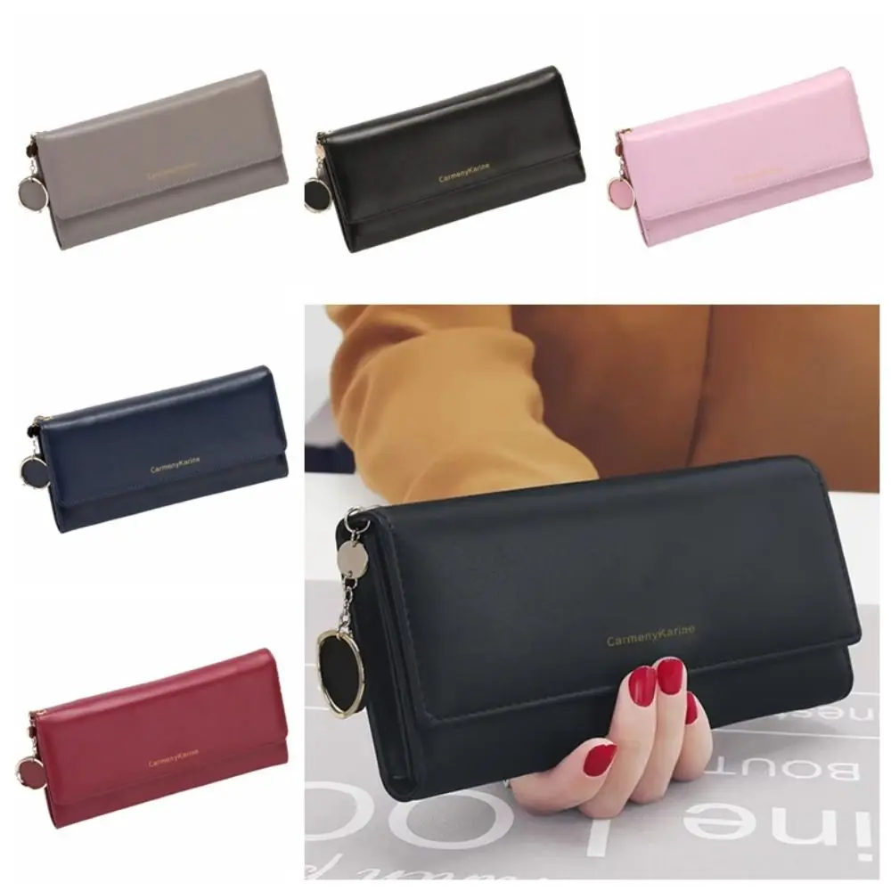 Luxury Leather Long Wallet Solid Color Multi-layer Women Tri-fold Wallet Large Capacity Coin Purse PU Card Holder Ladies