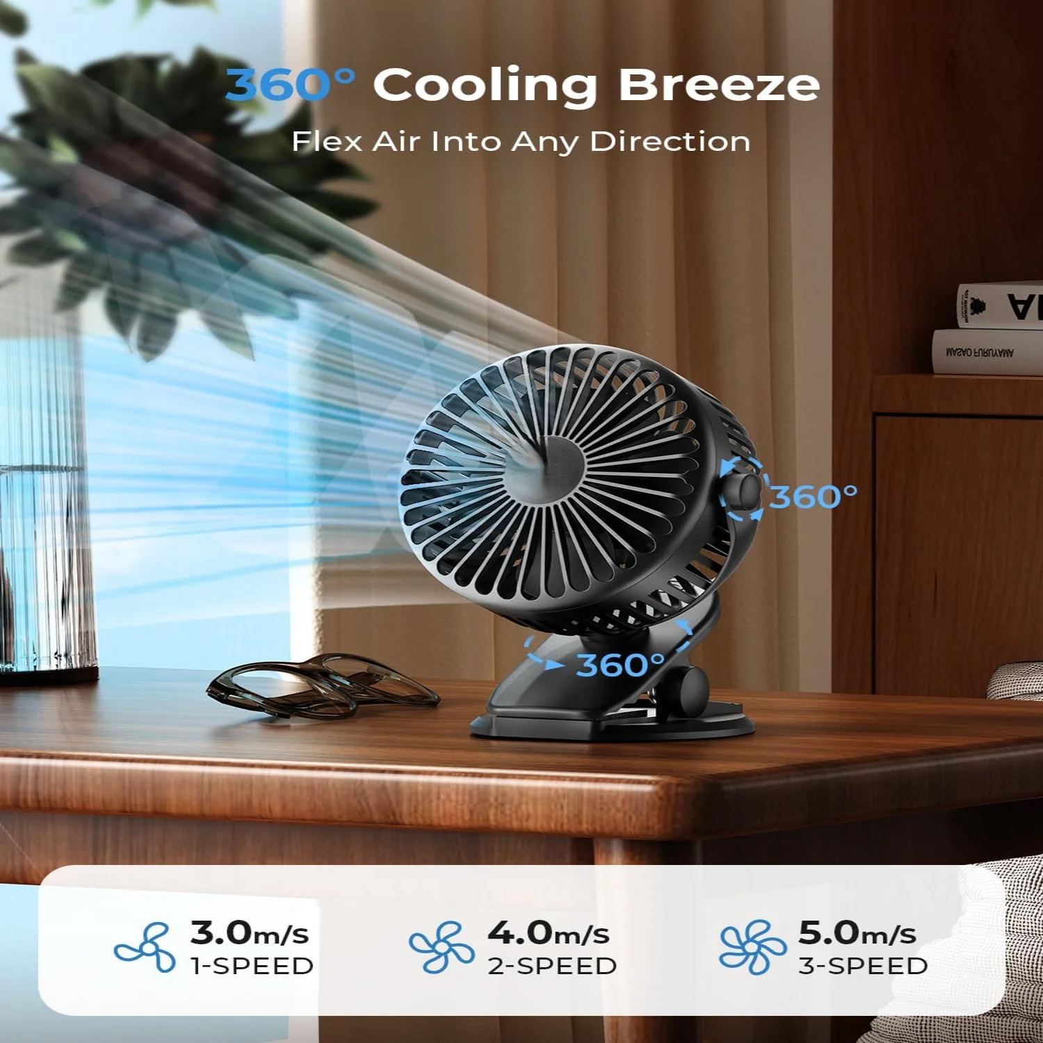 Portable Clip On Fan USB Rechargeable, Small Desk Fan Battery Operated, Baby Stroller Fan With 3 Speeds, Quiet Personal Fan For