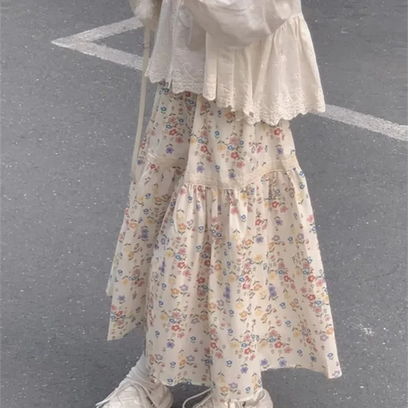 Prairie Chic 2024 Summer Female Patchwork High Waist A-Line Floral Fashion Slim Sweet Lolita All-match Ball Gown Layered Skirt