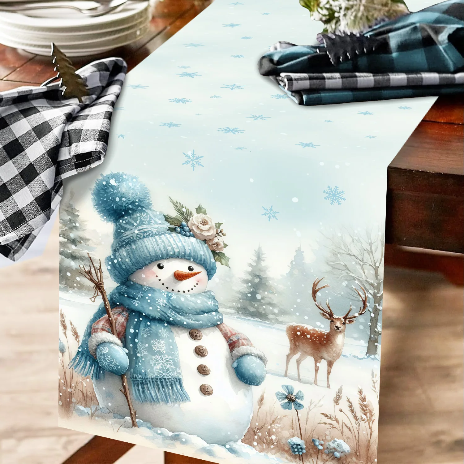 Christmas Blue Snowman Elk Table Flag Winter Snowflake Tabletop Runners Christmas Home Indoor Outdoor Party Decoration