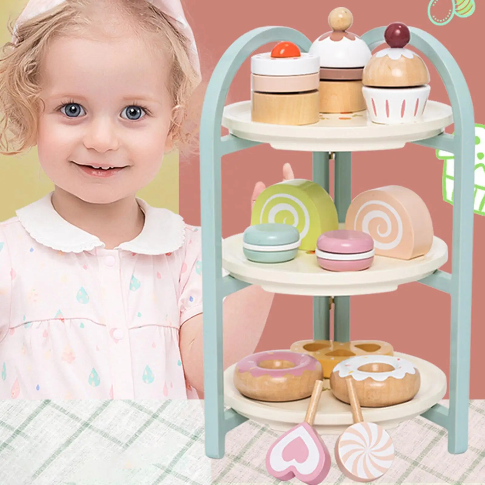 

Wooden Dessert Cake Play Set Toys Interactive Game Pretend Play Kids Tea Party