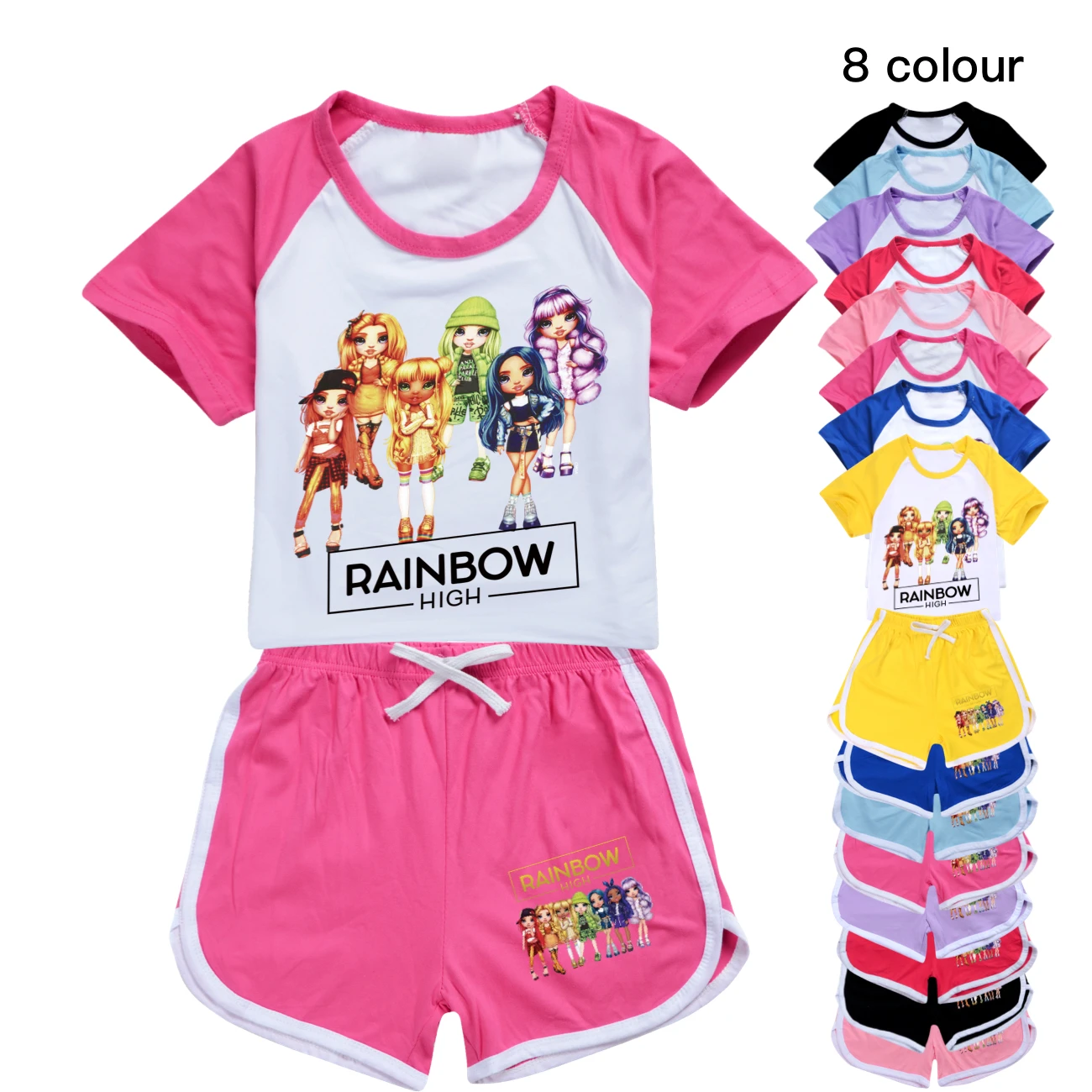 

New Rainbow High Boys T-shirt+Shorts Sports Suit Teenage Girls Clothing Toddler Kids Summer Top+Short Pants Set Child Tracksuits