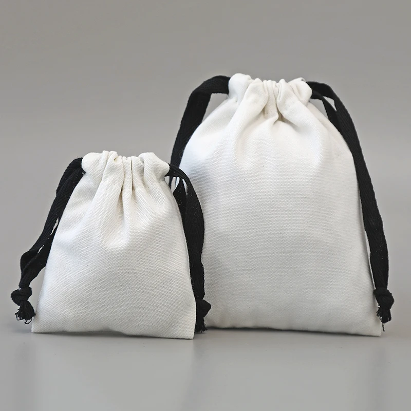 Zhuangshijie White Canvas Cotton Bags with Black Drawstring Christmas Gift Wedding Candy Package Pouch Big Size Dustproof Sacks