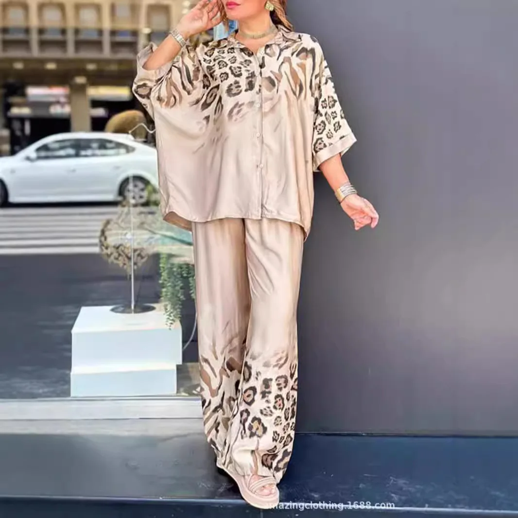 Wiosna Jesień Moda Leopard Print 2-częściowy zestaw damski Casual Loose Leopard Print Button Shirt Wide Leg Pants Two Piece Set Women