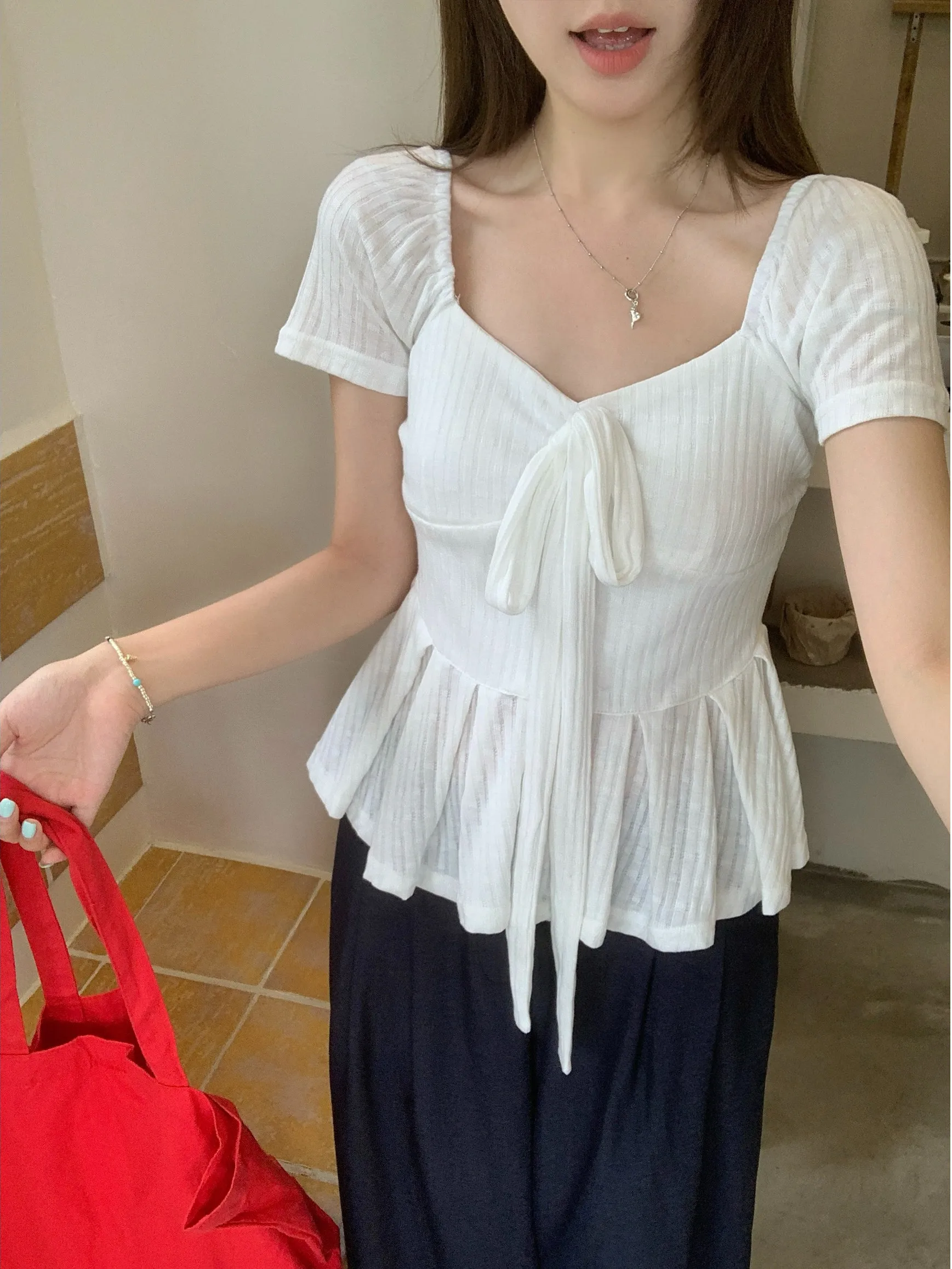 

Sweet Large Size T-Shirt with Bow-Knot Waist-Cinching Design Summer New Style Square Collar Short Sleeve Women's Fashion