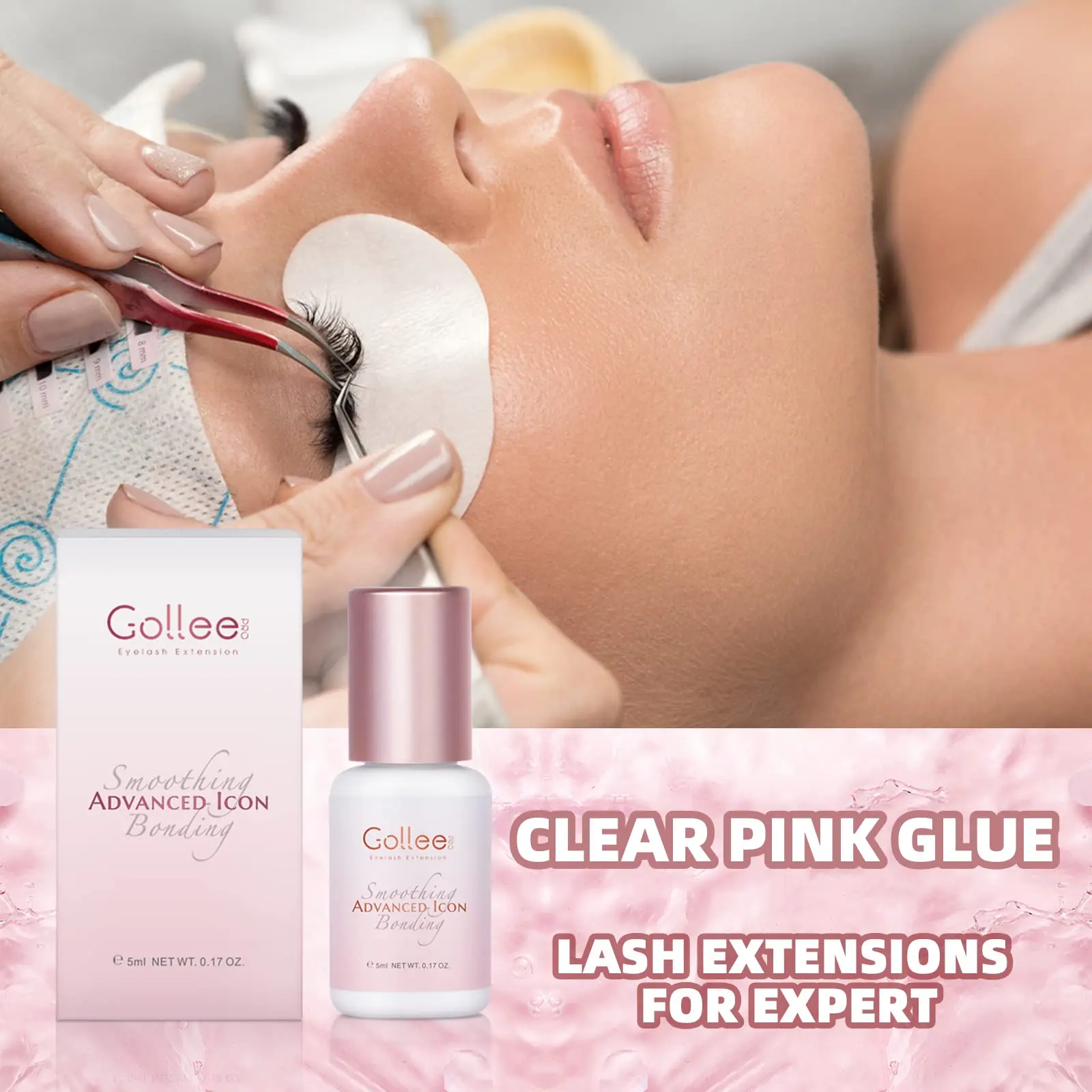 Gollee Pink selbstklebender Wimpernverlängerungskleber, 5 ml, Wimpernkleber für Volumenwimpern, Einzelwimpern, Großhandelspreis, eigenes Logo