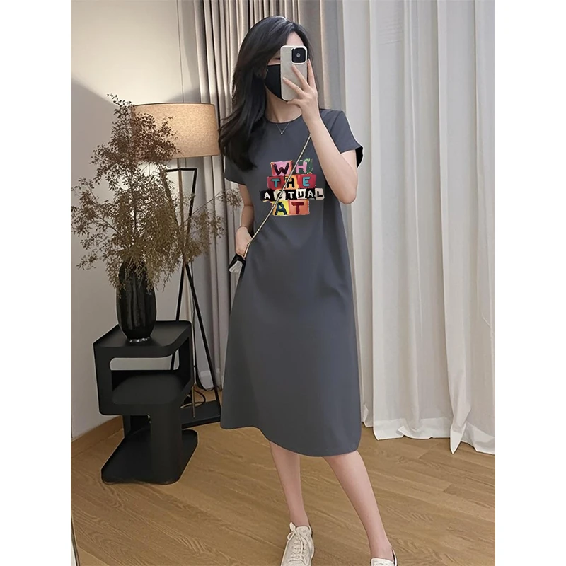 Summer New Style Pure Cotton Printed Long Dress Knee-Length Short-Sleeve T-Shirt Dress Simple Design Large Size Commute Wind