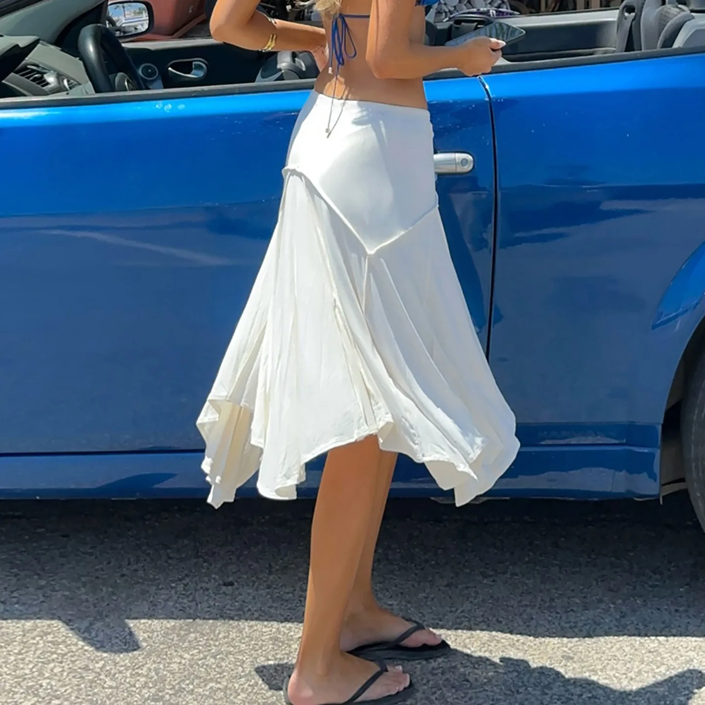 Y2K Women's Summer Mini Skirt Solid White Wrap Asymmetrical Hem Skirts High Waist Tie Side Lightweight Fabric Pleated Skirt