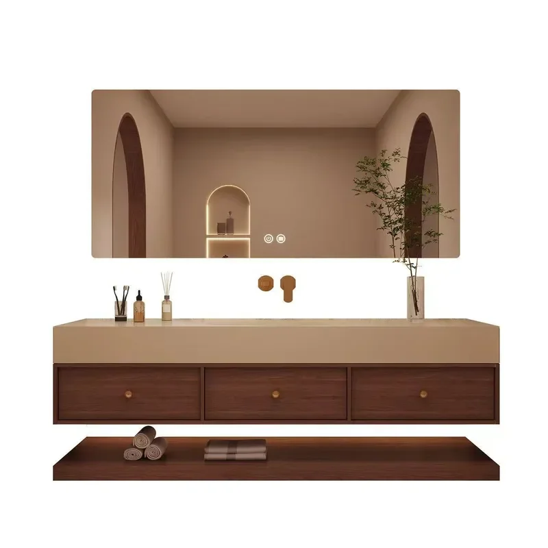 Medieval Style Bathroom Vanity with Sintered Stone Integrated Basin Seamless Hot Bending Washstand for Modern Home