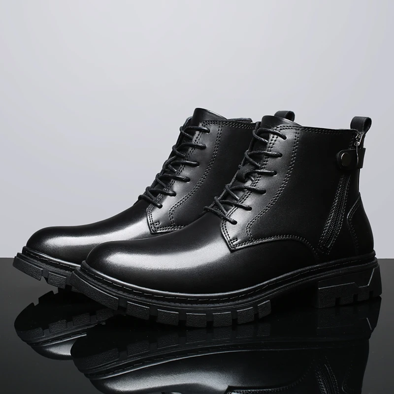 Winter Fashion Plush Warm Shoes Outdoor Ankle Boots Lace Up Non-Slip Motorcycle Boots Botas Genuine Leather Men's High Top Shoes