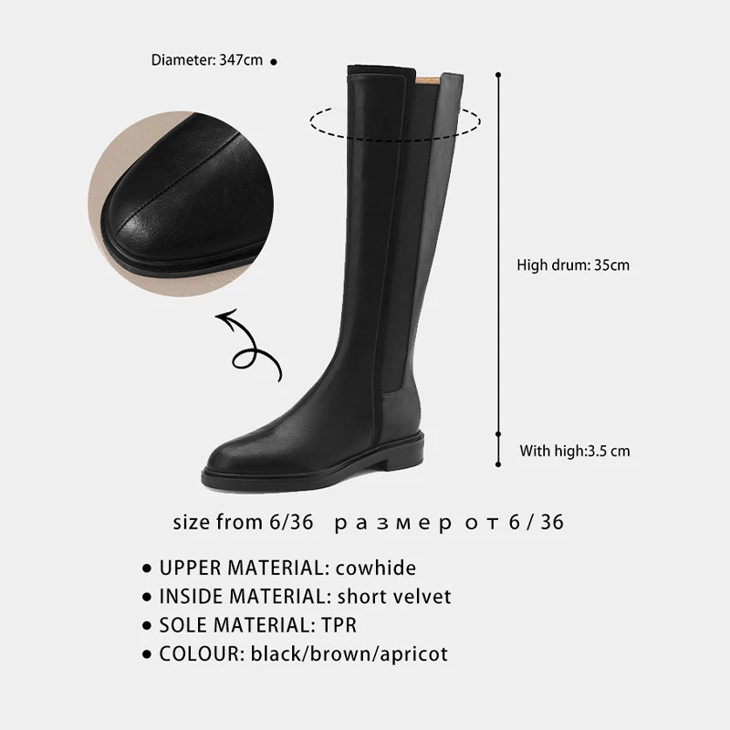 Ods 2024 Women Knee-High Boots Autumn Winter Low Heel Genuine Leather Motorcycle Zipper Party Office Shoes Woman Size Brown 3940