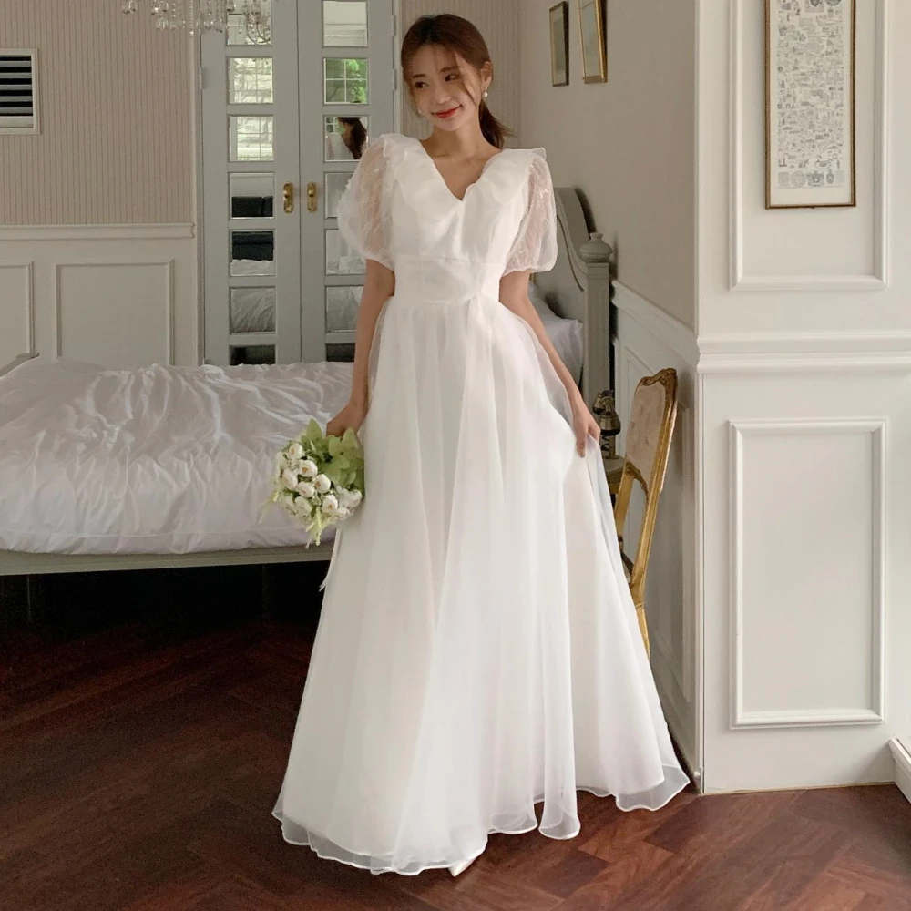 

SONDR V-Neck Simple Custom Made Gorgeous Ivory Organza Wedding Dresses Puff Sleeves 웨딩드레스 Brides Gowns for Women Bridal Dresses