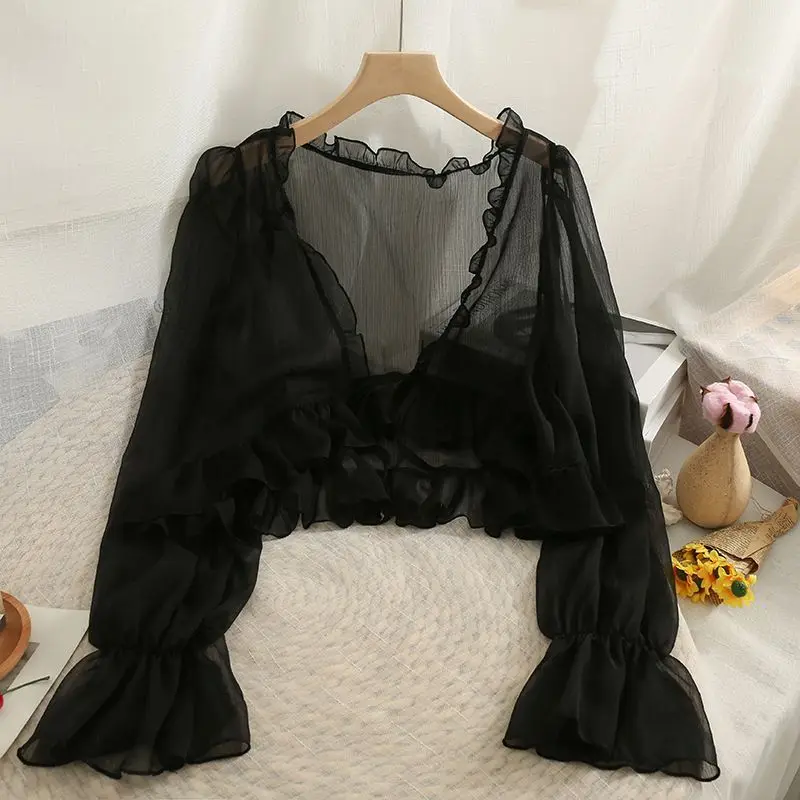

Солнцезащитные куртки с оборками, женские эстетические куртки с расклешенными рукавами, летняя дышащая одежда, повседневная однотонная прозрачная базовая верхняя одежда