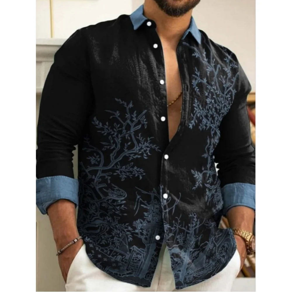 Men's Linen Long Sleeved Shirt With Printed Shirt Retro Casual Fashion Shirt Comfortable Ethnic Pattern And Pattern Male Top ﻿