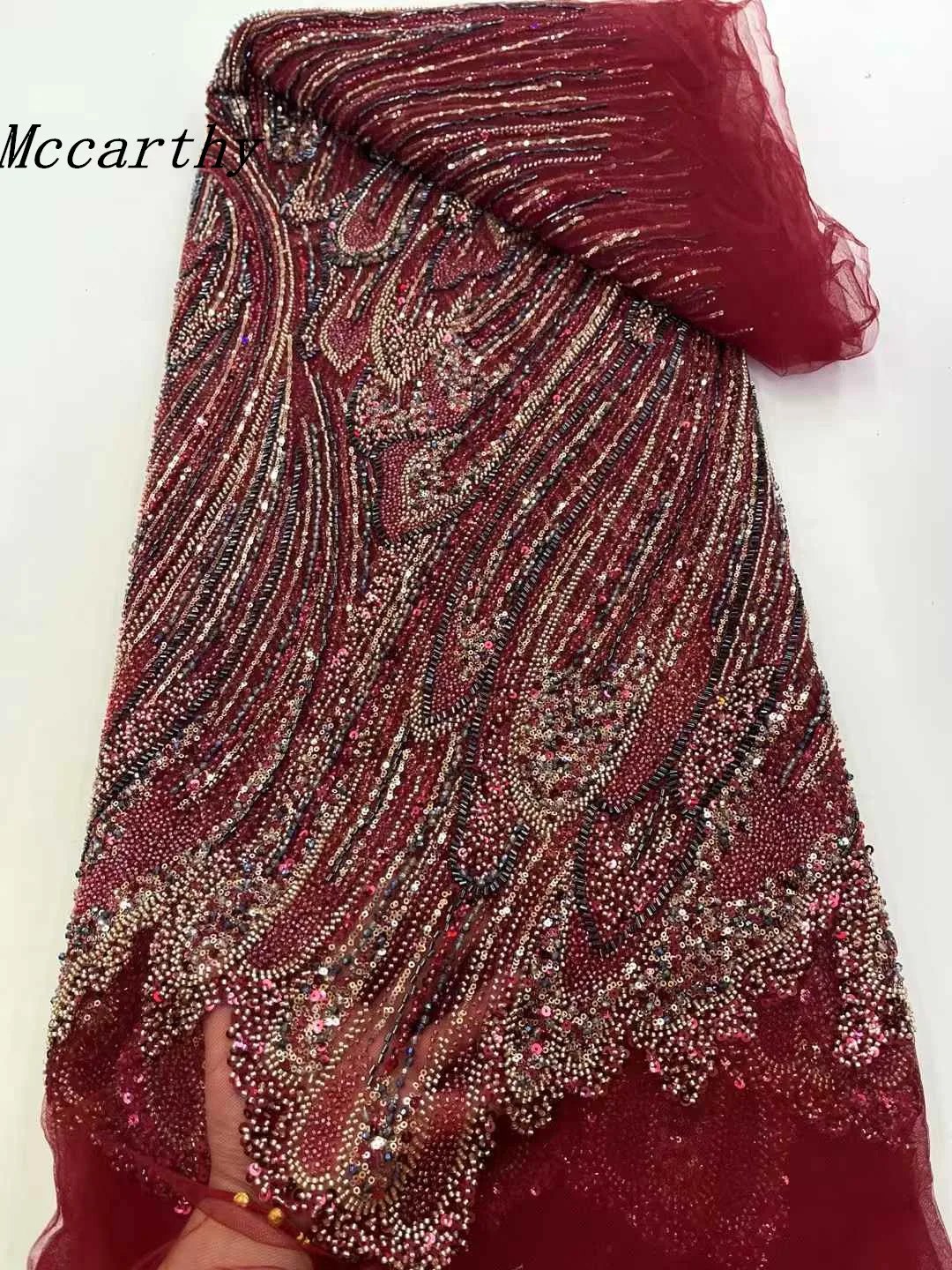 

Latest African Sequins Lace Fabric 2025 High Quality Lace Embroidery Beaded Mesh Fabric 5 Yards For Women Wedding Party Dress