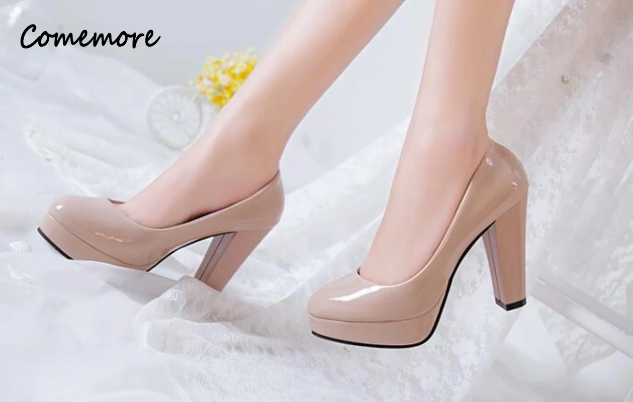 Comemore Women Pumps Shoes PU Leather Shallow Woman Slip-On Round Toe High Heels Wedding Party Derss Shoe Plus Size 34 41 42 New