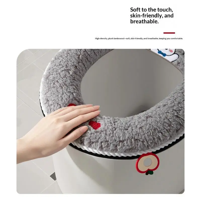Soft Plush Toilet Seat Cover Cute Cartoon Embroidery Washable Warm Easy Install Mat for Home Bathroom Decor