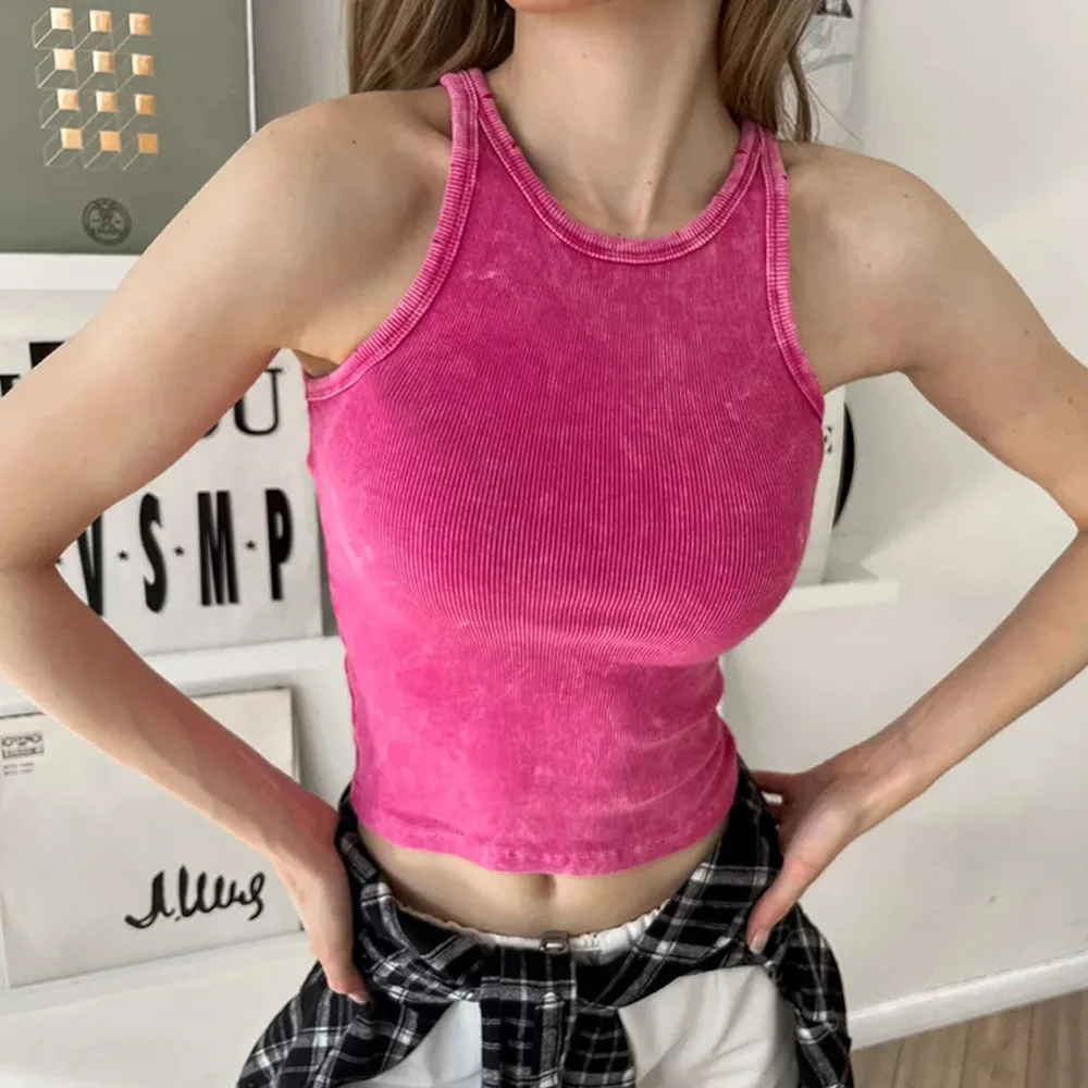 Solid Color Women Top Summner T Shirt Water Washed Distressed O Neck Streewear Cotton Sport Tee Pink Top Fashion Singlet