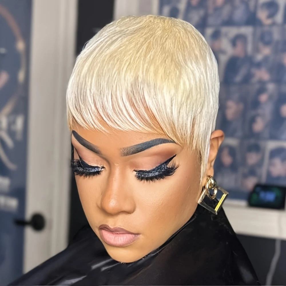 613 ブロンドカラーストレート人毛ウィッグ女性のためのピクシーカットウィッグフルマシンメイドウィッグ 150% 密度 6 インチ