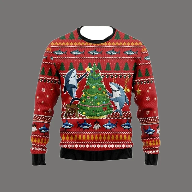 Funny Shark Graphic Ugly Christmas Sweater Cute Cartoon Sharks Xmas Sweatshirts Fashion Mens Tracksuit Loose Kids Pullovers New