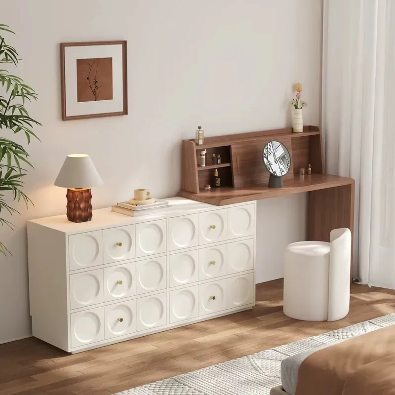 Italian Minimalist Dresser with Retractable Drawers Integrated Solid Wood Corner Locker Cream