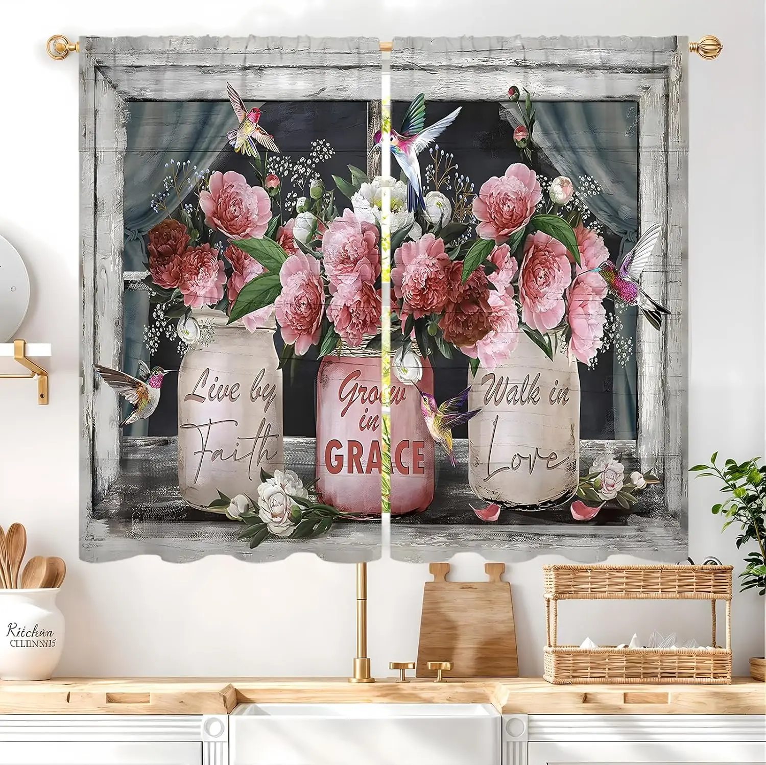 Floral Mason Jar Curtains Hummingbird Flower Print for Kitchen Window Decor