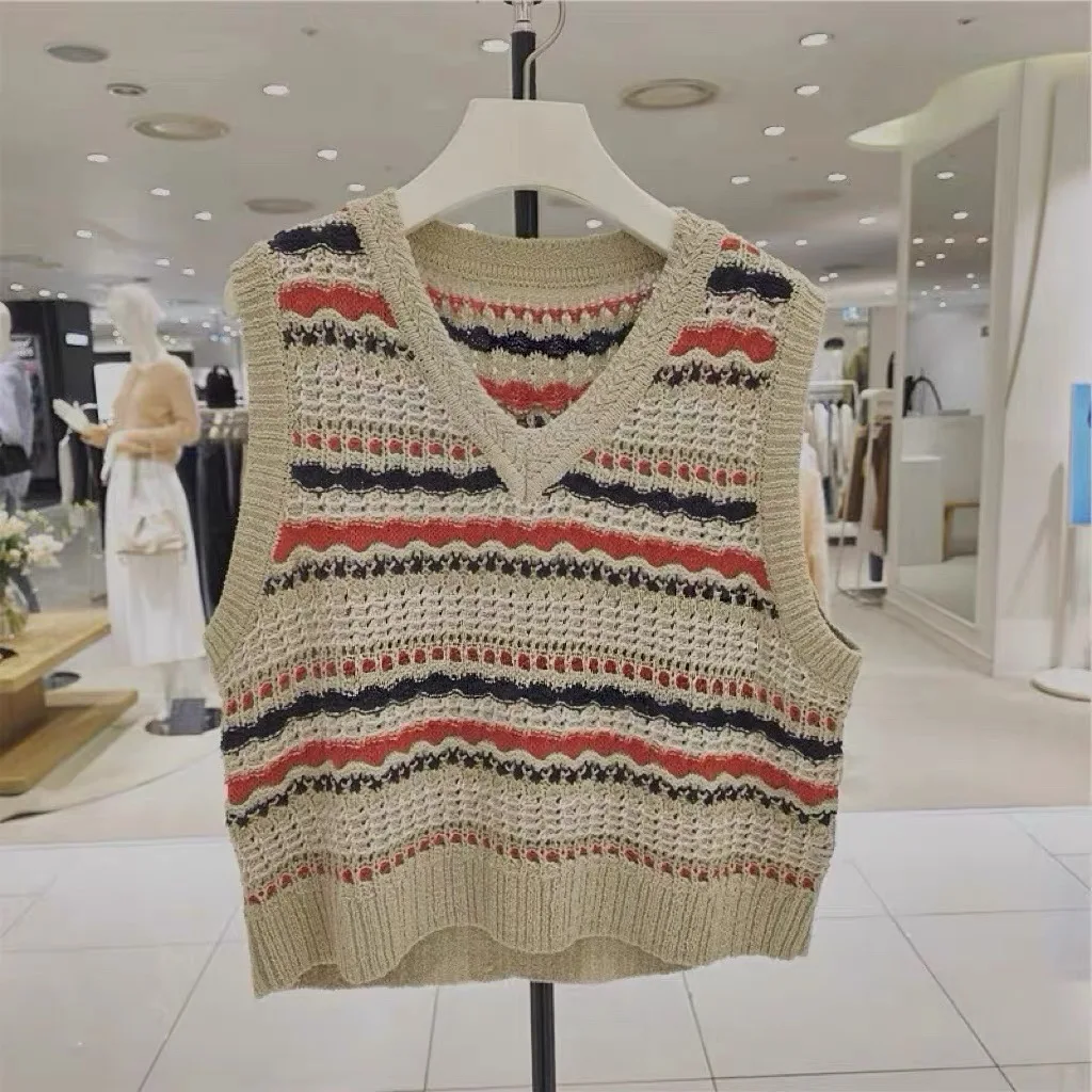 

Lemon Cheese Thu26 Spring Anti-Aging Retro Color Block Heart Collar Layered Knitted Vest Versatile Commute Style Loose Fit