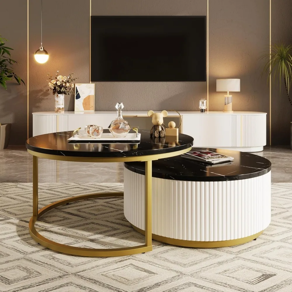 Nesting Coffee Table Set of 2, Modern Round with Drawer, Circular Wood Center for Living Room, Apartment, Black & Gold