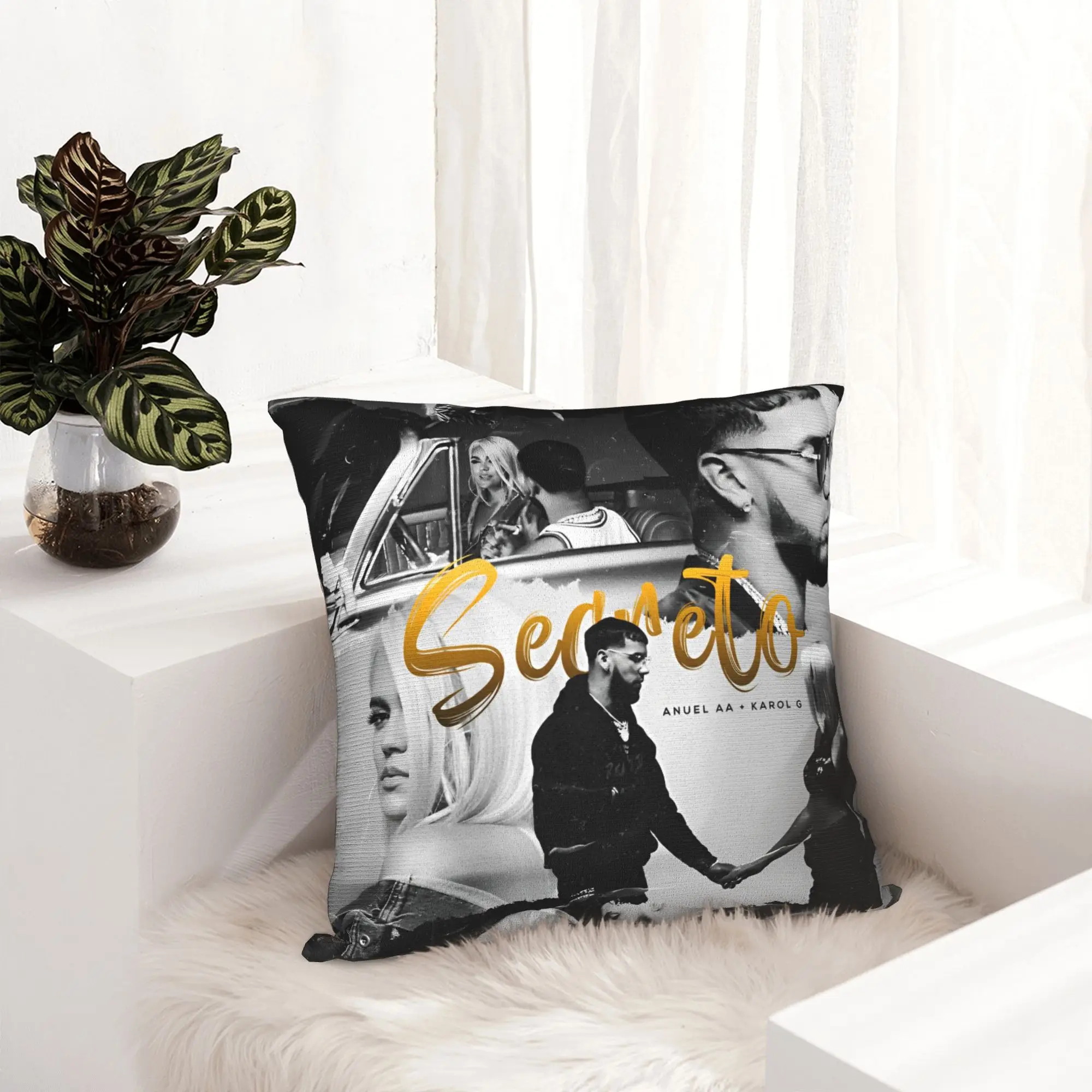 Anuel AA and Karol G Pillowcase Printed Polyester Cushion Cover Decor  Throw Pillow Case Cover Home Zippered 40*40cm