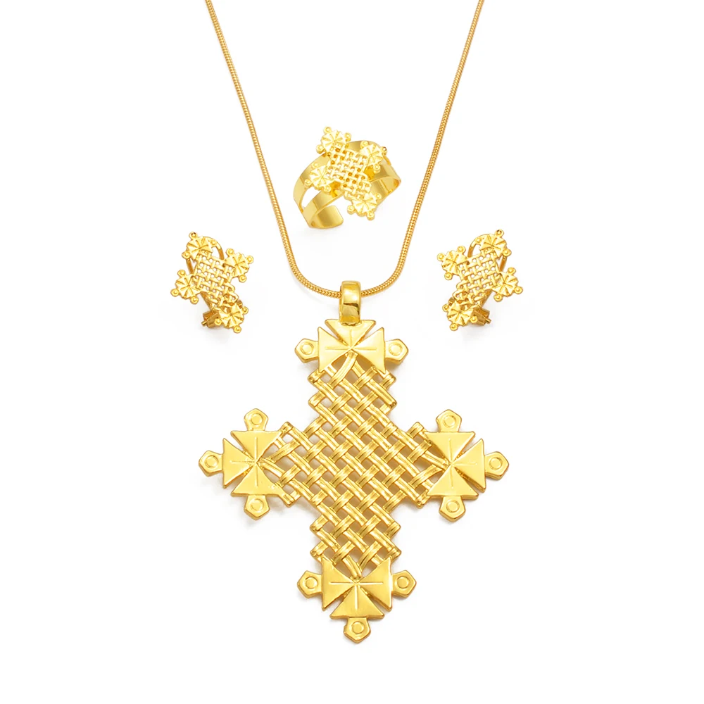 Annio Ethiopian Big Cross Pendant Necklaces Earrings and Rings For Women Gold Color African Jewelry Eritrean Wedding #331306