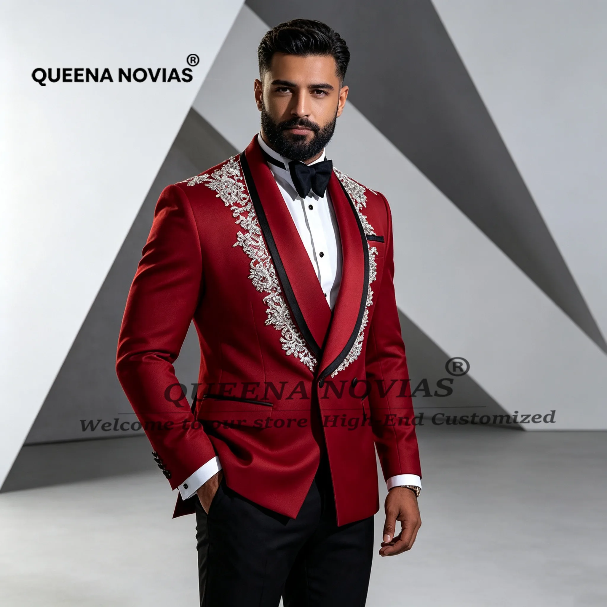 Exclusive Men's Suit For Weddin Crystals Beading Jacket Pants 2 Pieces Sets Groom Tuxedos Customized Man Formal Party Outfits