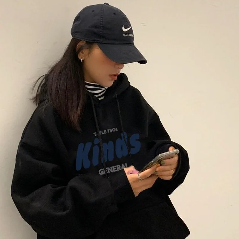 Women All-match Hoodies Vintage Long-sleeved Female Pockets Draw String Hoodies Leisure Fashion Autumn College Sweatshirts