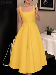 ZANZEA Women Sleeveless Evening Dress Vintage Square Collar Long Dress 2024 Summer Waisted A-line Robe Elegant Party Tank Dress