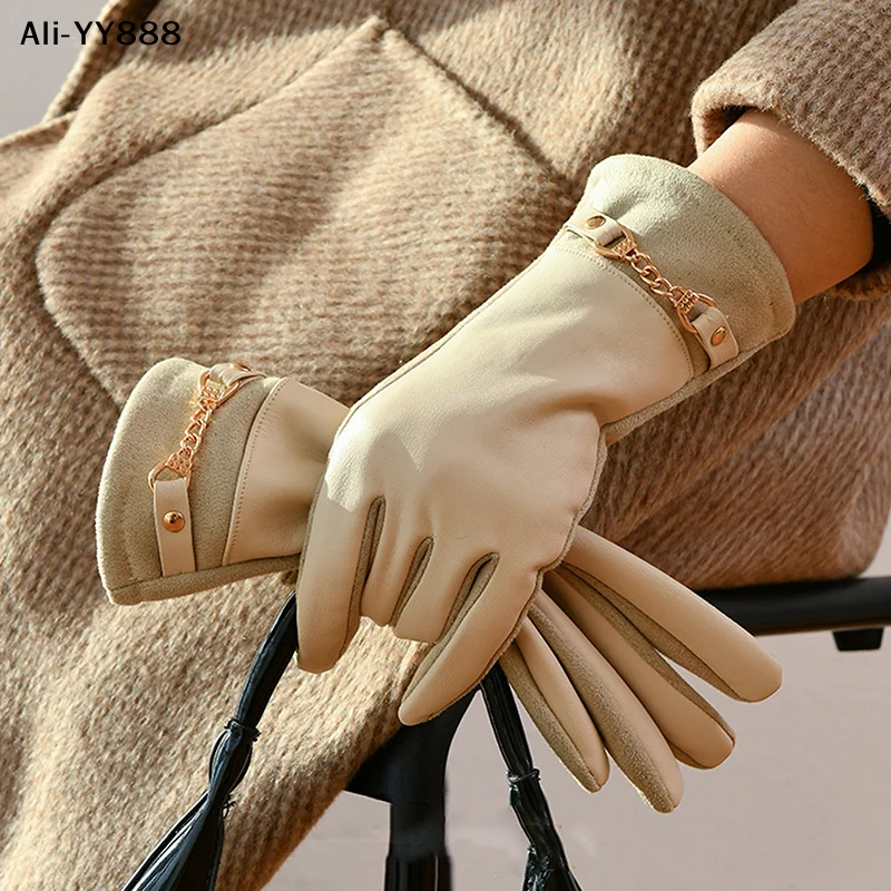 YY88Luxury Protein Leather Fleece Lined Women's Gloves Winter Cycling Windproof Keep Warm Elegant Touchscreen Gloves