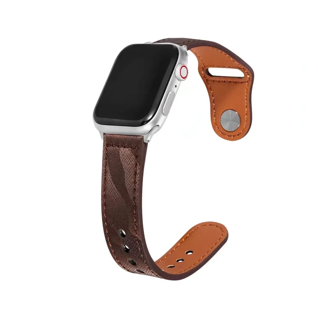 Camouflage Texture Genuine Leather Strap for Apple Watch Series 7/se/6/5/4/3/2/1 (41mm 45mm 44mm 40mm 42mm 38mm) smart watch